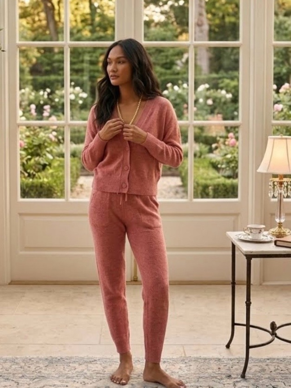Cozy Women's Rose Knit Lounge Set - Cardigan & Joggers